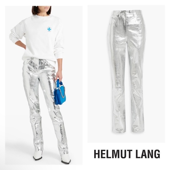 New! HELMUT LANG Mirror Crinkled Straight Leather Pants - Picture 1 of 12